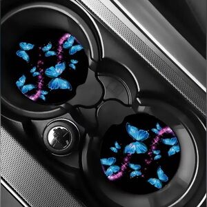 Butterfly Car Coasters Black Base with Vibrant Blue Purple Design, NEW, 2 pcs